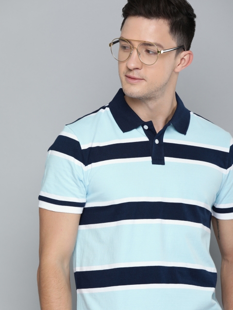 

Mast Harbour Men Blue Striped Polo Collar Pure Cotton T-shirt