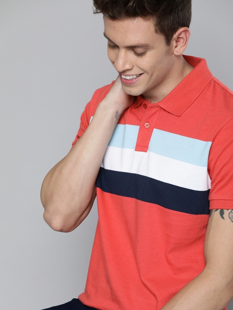 

Mast & Harbour Men Coral Red & Blue Striped Cotton Polo Collar T-shirt