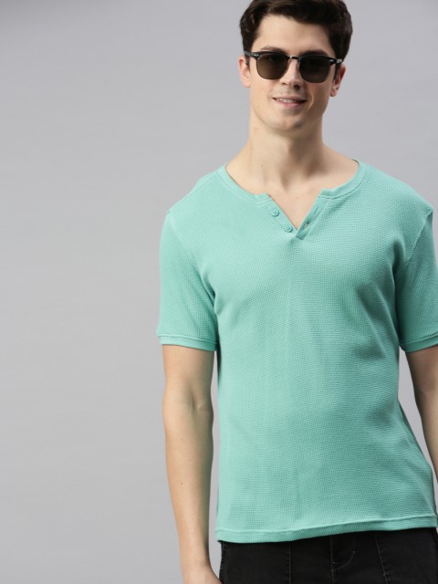 

Mast Harbour Men Sea Green Self Design Henley Neck Pure Cotton T-shirt