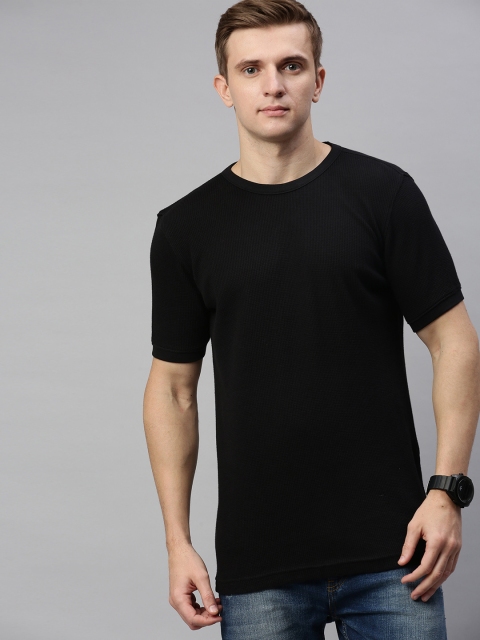 

Mast & Harbour Men Black Solid Waffle Knit Round Neck T-shirt