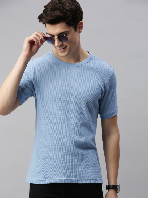 

Mast Harbour Men Blue Self Design Round Neck Pure Cotton T-shirt