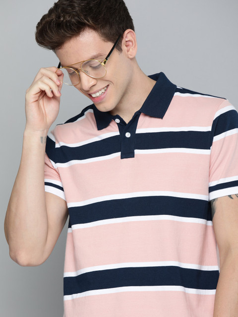 

Mast Harbour Men Pink Striped Polo Collar Pure Cotton T-shirt