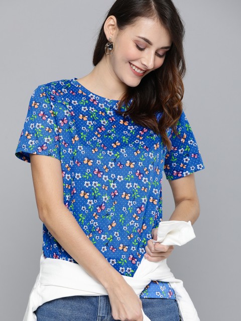 

Mast & Harbour Women Blue & White Printed Round Neck T-shirt