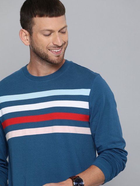 

Mast Harbour Men Multicoloured Striped Round Neck Pure Cotton T-shirt, Multi