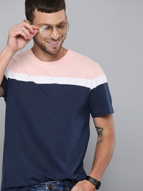 

Mast & Harbour Men Navy Blue Colourblocked Round Neck T-shirt
