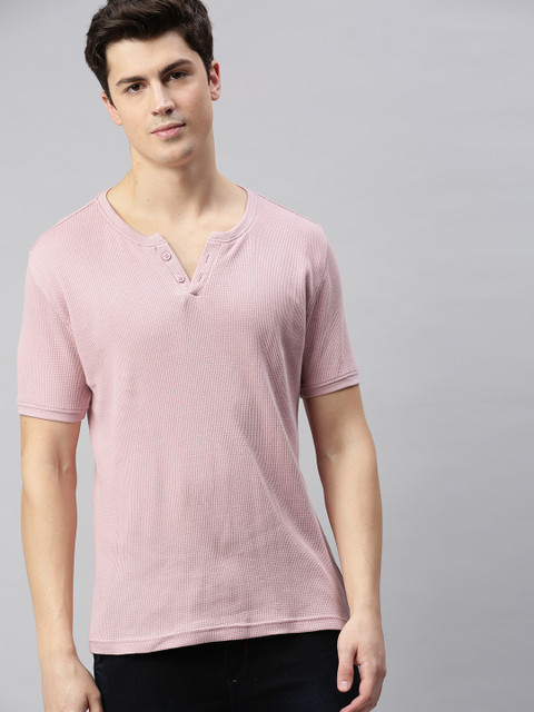 

Mast & Harbour Men Pink Self Design Mandarin Collar T-shirt