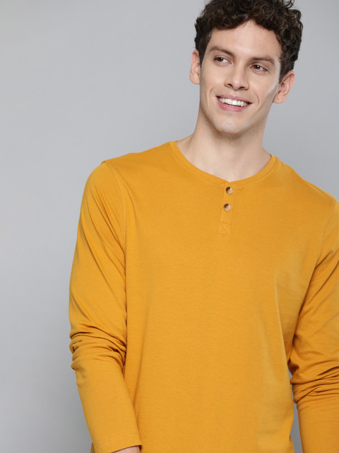 

Mast & Harbour Men Mustard Yellow Pure Cotton Solid Henley Neck T-shirt