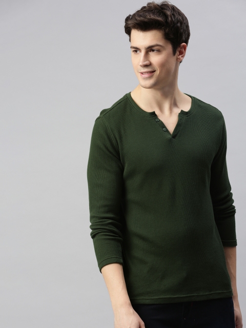 

Mast Harbour Men Olive Green Solid Round Neck Pure Cotton T-shirt