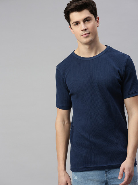 

Mast & Harbour Men Navy Blue Self Design Round Neck T-shirt