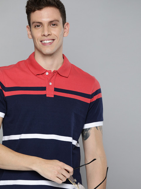 

Mast & Harbour Men Coral Striped Polo Collar T-shirt