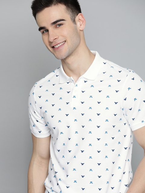 

Mast & Harbour Men White & Blue Printed Cotton Polo Collar T-shirt