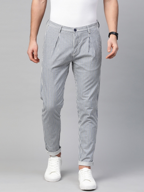 

Blackberrys Men White & Navy Blue Slim Fit Striped Regular Trousers