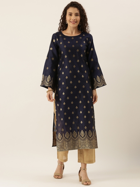 

Tikhi Imli Women Navy Blue & Gold-Toned Woven Design Straight Kurta