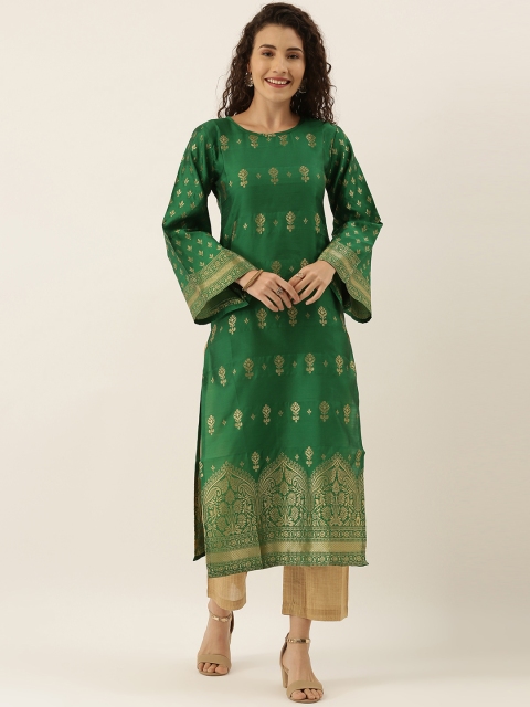 

Tikhi Imli Women Green & Gold-Toned Woven Design Straight Kurta