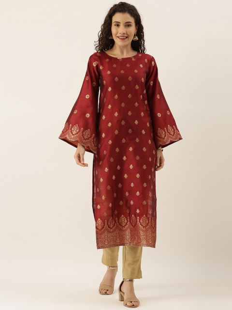 

Tikhi Imli Women Maroon & Gold-Toned Woven Design Straight Kurta