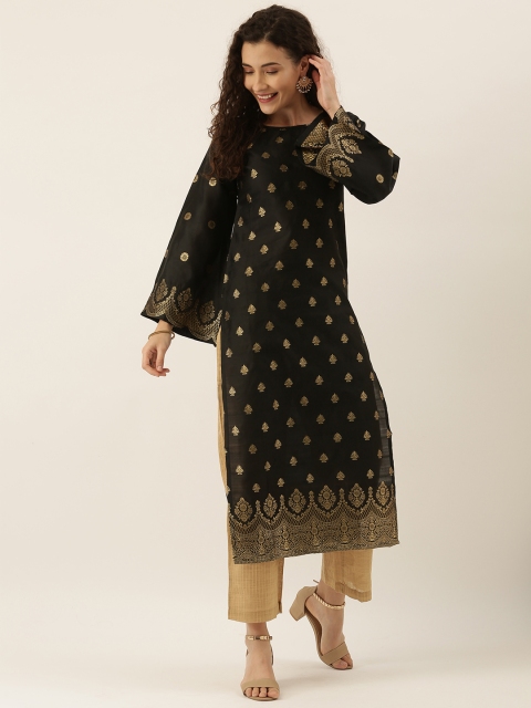 

Tikhi Imli Women Black & Gold-Toned Woven Design Straight Kurta