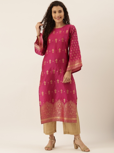 

Tikhi Imli Women Pink & Golden Woven Design Straight Kurta