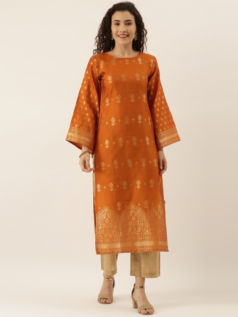 

Tikhi Imli Women Orange & Gold-Toned Woven Design Straight Kurta