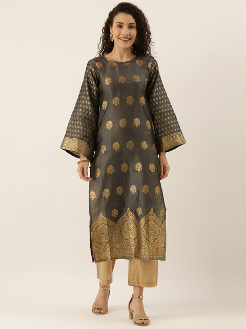 

Tikhi Imli Women Grey Melange & Gold-Toned Woven Design Straight Kurta