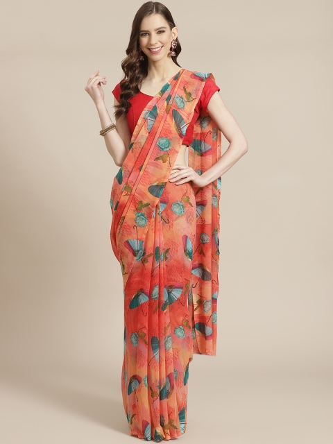 

KALINI Pink & Green Floral Printed Saree