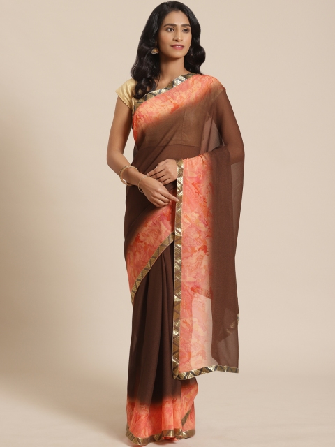 

KALINI Coffee Brown & Peach-Coloured Solid Saree