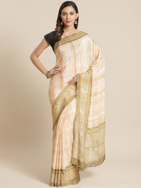 

Mitera Cream-Coloured & Beige Satin Finish Checked Saree