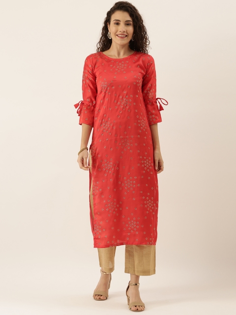 

Tikhi Imli Women Coral Red Embellished Straight Kurta