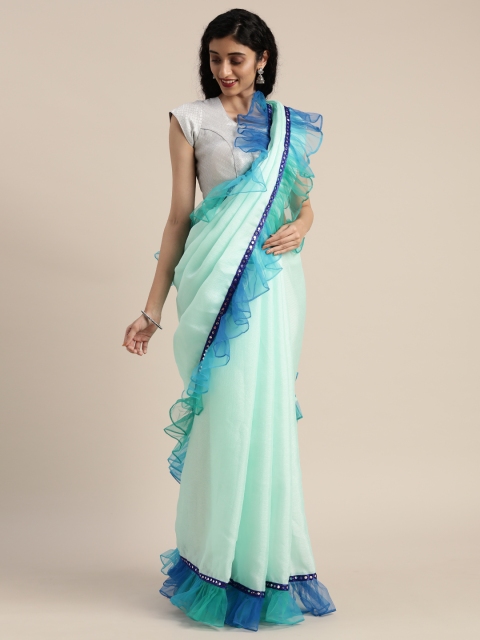 

Tikhi Imli Sea Green Solid Jute Cotton Ruffled Saree