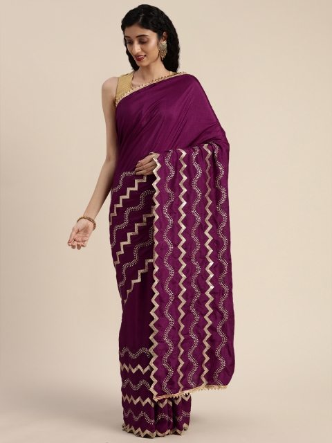 

Tikhi Imli Magenta Pink & Golden Poly Crepe Solid Sequinned Saree