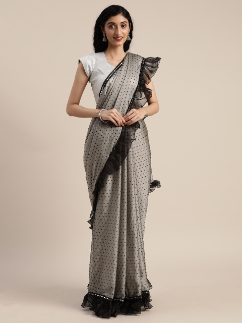 

Tikhi Imli Grey & Black Poly Crepe Woven Design Saree