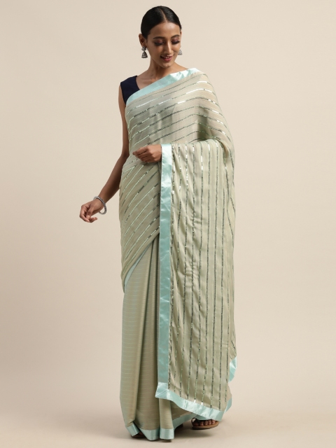 

Tikhi Imli Sea Green & Golden Poly Crepe Sequin Striped Saree