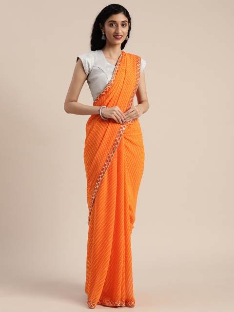 

Tikhi Imli Orange Printed Poly Georgette Leheriya Saree