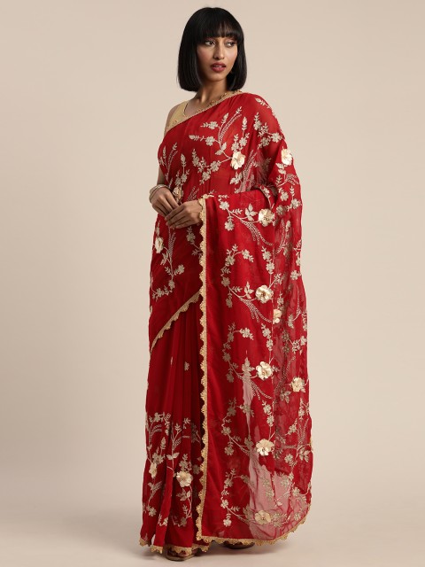 

Tikhi Imli Red Embroidered Poly Georgette Saree