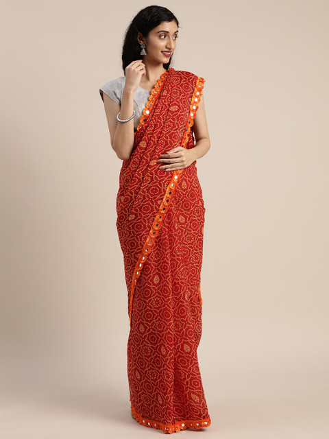

Tikhi Imli Red & Mustard Yellow Poly Georgette Printed Bandhani Saree