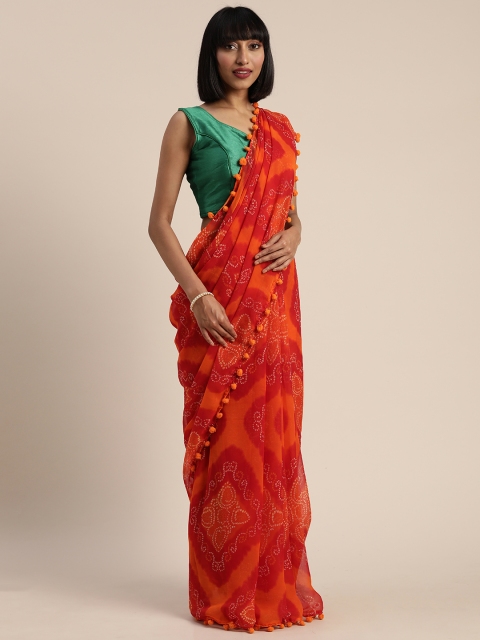 

Tikhi Imli Red & Orange Poly Georgette Dyed Bandhani Saree