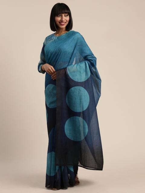 

Tikhi Imli Teal Blue Polycotton Printed Chanderi Saree