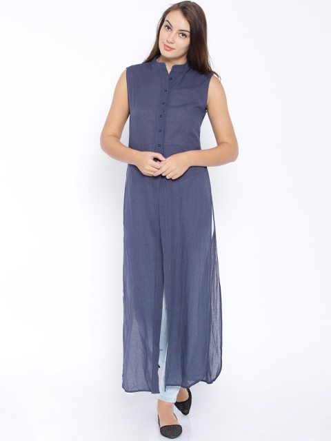 

Tokyo Talkies Navy Checked Maxi Pure Cotton Top, Navy blue