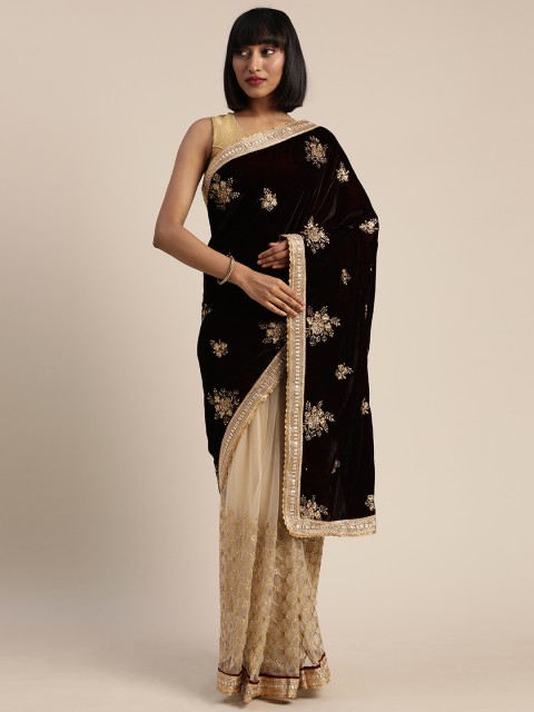 

Tikhi Imli Maroon & Beige Velvet Embroidered Saree