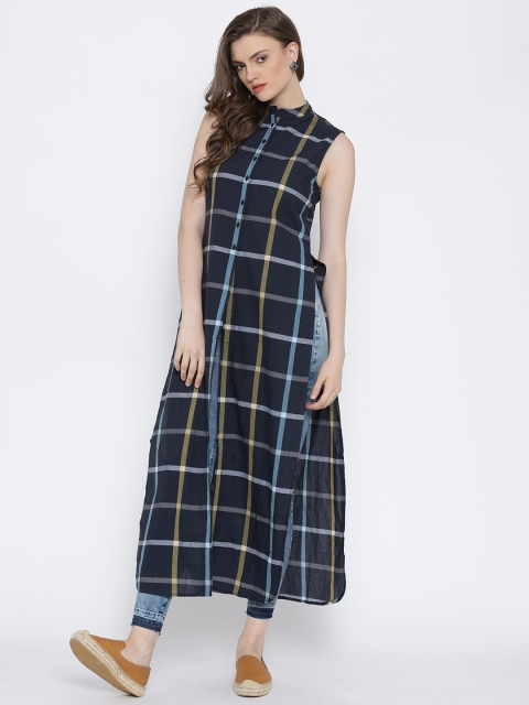 

Tokyo Talkies Navy Checked High-Slit Maxi Top, Navy blue