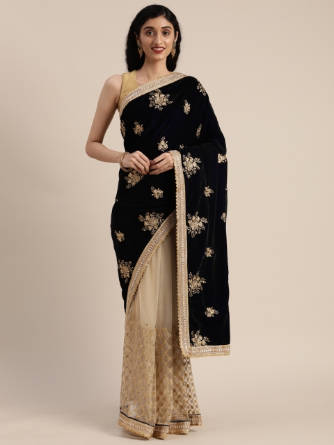 

Tikhi Imli Navy Blue & Beige Velvet Embroidered Half & Half Saree