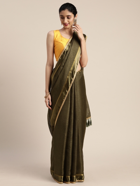 

Tikhi Imli Olive Green Checked Polycotton Saree