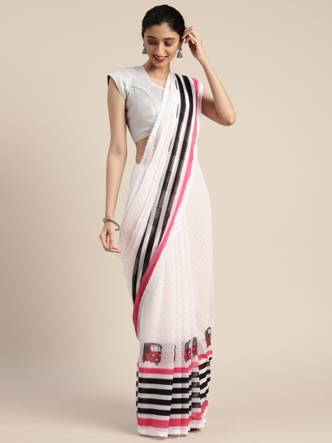 

Tikhi Imli White & Pink Poly Georgette Quirky Printed Saree