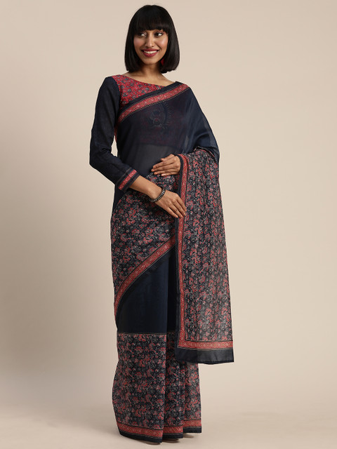 

Tikhi Imli Navy Blue & Pink Polycotton Printed Chanderi Saree