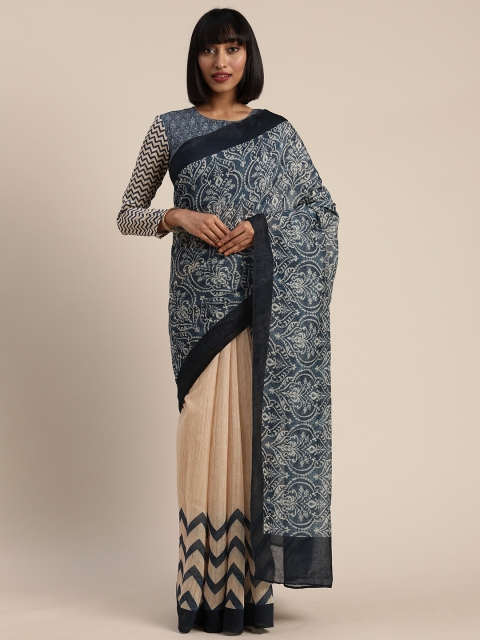 

Tikhi Imli Navy Blue & Beige Polycotton Printed Chanderi Saree