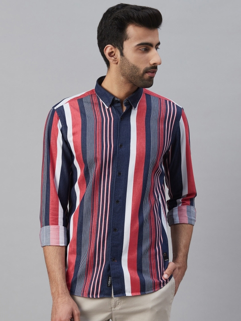

Blackberrys Men Navy Blue & Pink Slim Fit Multi-Striped Casual Shirt
