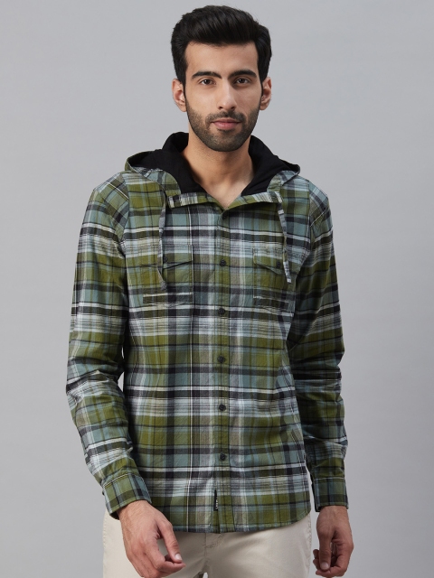 

Blackberrys Men Olive Green & Black Slim Fit Checked Hooded Casual Shirt
