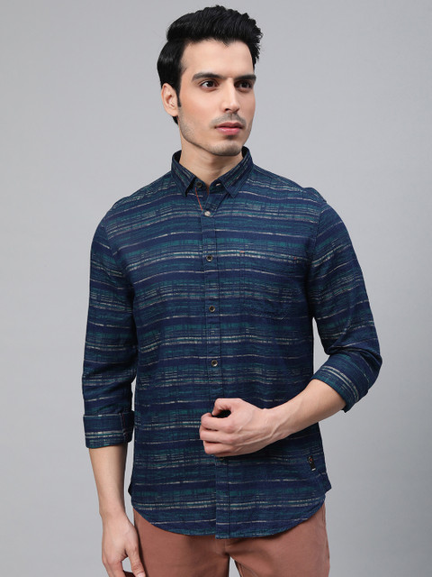 

Blackberrys Men Navy Blue & Grey Striped Slim Fit Shirt