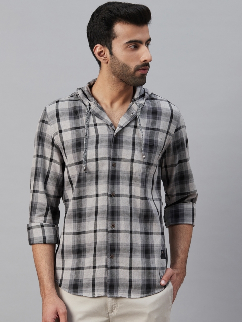 

Blackberrys Men Grey & Black Slim Fit Checked Hooded Casual Shirt
