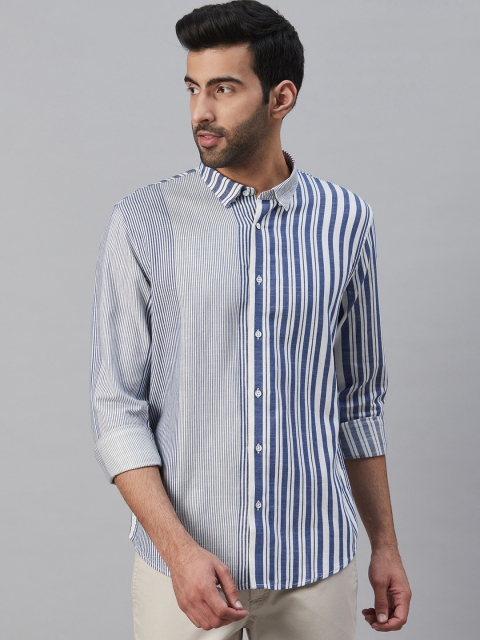 

Blackberrys Men White & Blue Trim Slim Fit Striped Casual Shirt