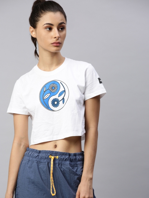 

Nike Women White and Teal Blue Floral Printed Pure Cotton Top